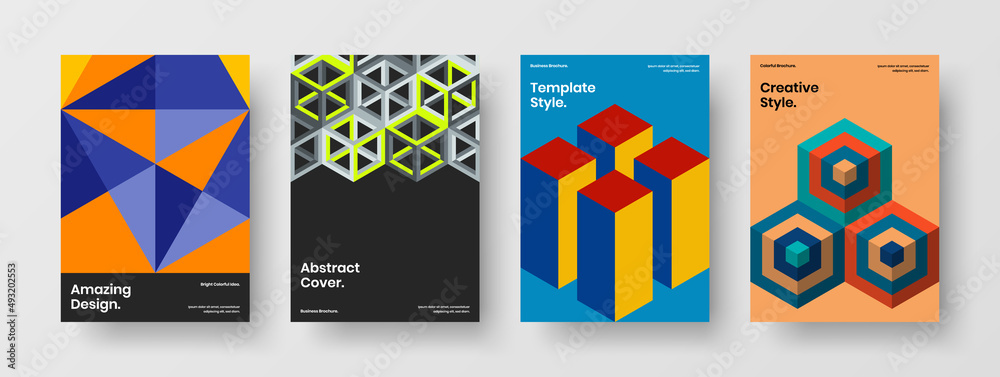 Colorful mosaic pattern catalog cover template set. Amazing front page A4 vector design illustration collection.