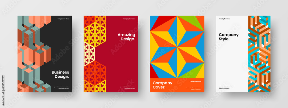 Creative geometric shapes flyer concept set. Vivid annual report A4 design vector layout composition.