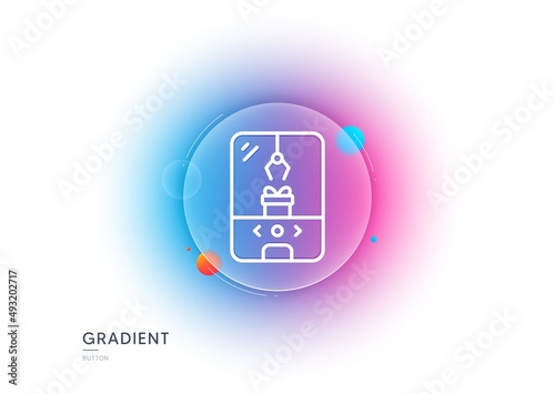 Crane claw machine line icon. Gradient blur button with glassmorphism. Amusement park sign. Carousels symbol. Transparent glass design. Crane claw machine line icon. Vector