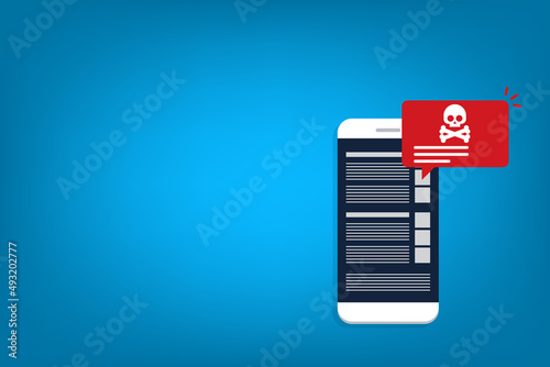 Malware , virus attack warning alert online on mobile cell phone, internet security threat. Vector illustration	