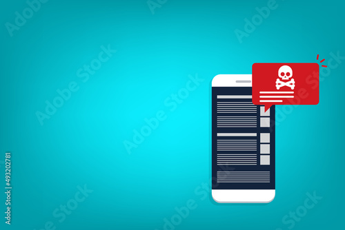 Malware , virus attack warning alert online on mobile cell phone, internet security threat. Vector illustration	