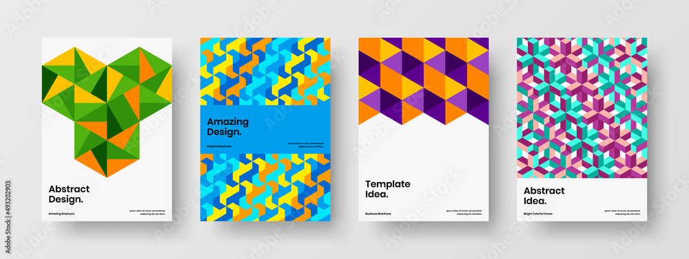 Bright mosaic hexagons magazine cover layout set. Minimalistic brochure vector design illustration composition.
