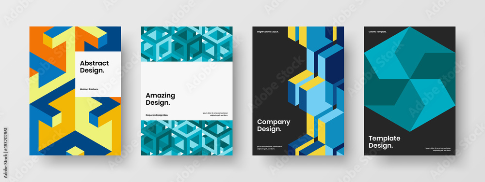 Vivid company identity A4 vector design concept collection. Isolated mosaic hexagons leaflet template composition.