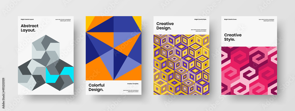 Trendy poster design vector layout set. Multicolored geometric tiles journal cover illustration collection.