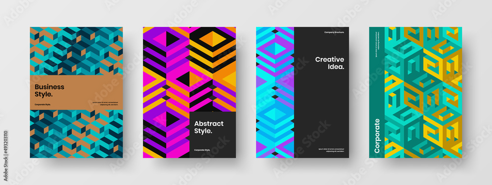 Multicolored geometric hexagons postcard layout collection. Amazing pamphlet A4 vector design illustration bundle.