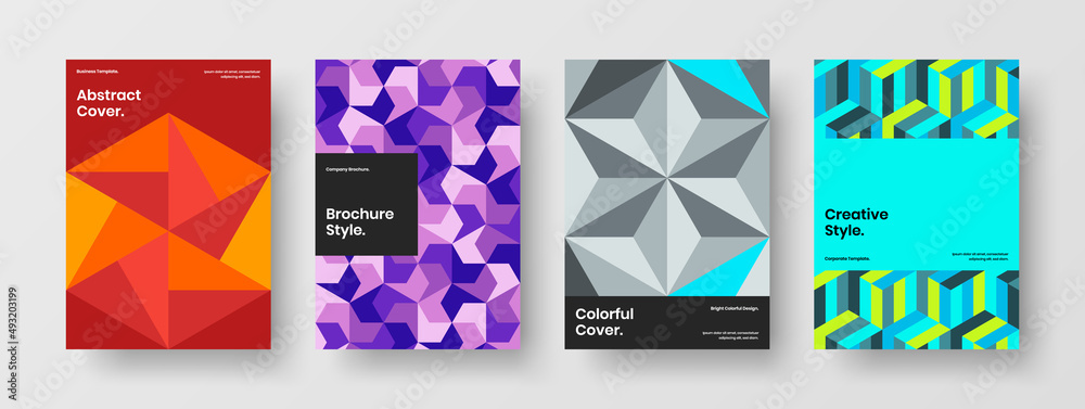 Trendy handbill A4 design vector template composition. Amazing mosaic hexagons book cover layout collection.