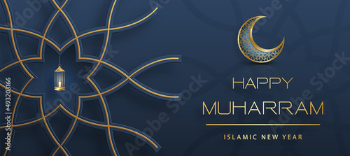 Happy Muharram, the Islamic New Year, new Hijri year design with gold pattern on color background