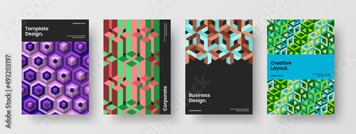 Unique mosaic shapes placard concept collection. Vivid company brochure A4 vector design layout bundle.