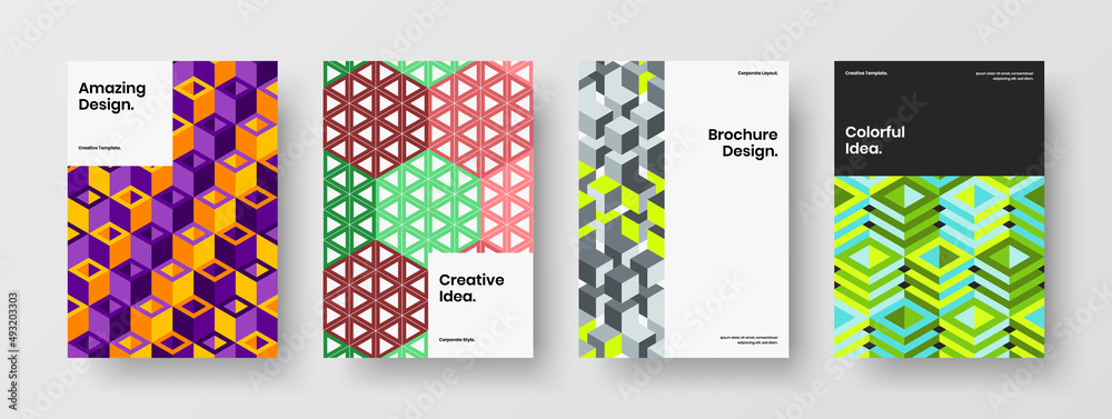 Vivid geometric hexagons company identity illustration collection. Modern brochure A4 vector design layout bundle. Vivid geometric hexagons company identity illustration collection. Modern brochure A4 vector design layout bundle.