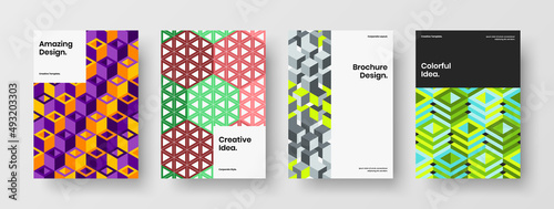 Vivid geometric hexagons company identity illustration collection. Modern brochure A4 vector design layout bundle. © pro