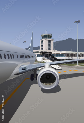 The plane and the ladder on the background of the airport terminal. Vector.