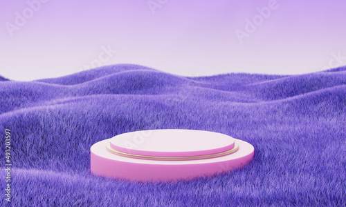 Indigo grass field with pink cilinders. Podium. Summer landscape scene mockup. 3d illustration photo