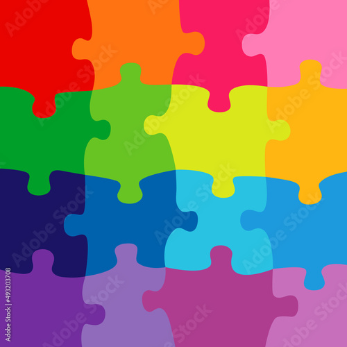 Set of colorful puzzles. Puzzle sketch. 16 pieces as 4 by 4. Creative bg concept. Isolated abstract graphic design template. Cut out elements. Coloured pattern. Sixteen parts. Background idea.