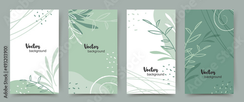 Background templates with copy space for text, plants and leaves for social media stories green tones. Vector illustration for mobile applications, invitations, advertisements, web banners