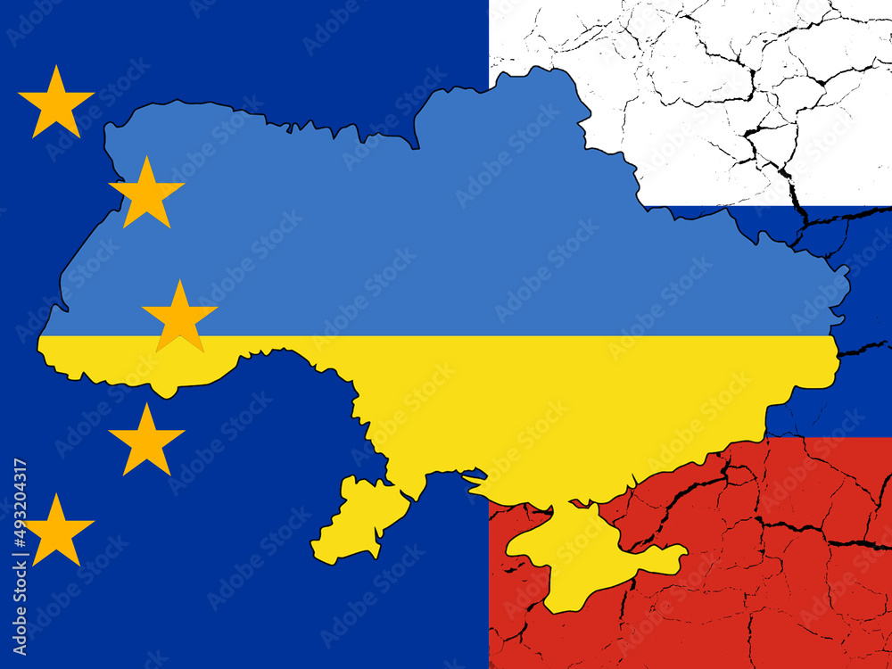 Obraz premium Map of Ukraine on the background of the flag of the European Union and russia