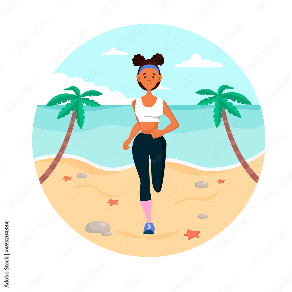 A young pretty African-American woman runs by the sea. The concept of fitness, sports and health care. A sporty woman is a cartoon character.