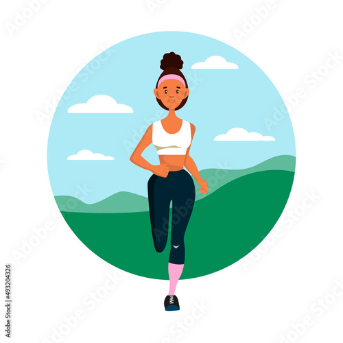 A young pretty African-American woman runs during the day. The concept of fitness, sports and a healthy lifestyle. A sporty woman is a cartoon character