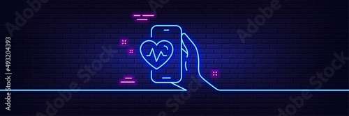 Neon light glow effect. Cardio training app line icon. Fat burning application sign. Gym fit heartbeat symbol. 3d line neon glow icon. Brick wall banner. Cardio training outline. Vector