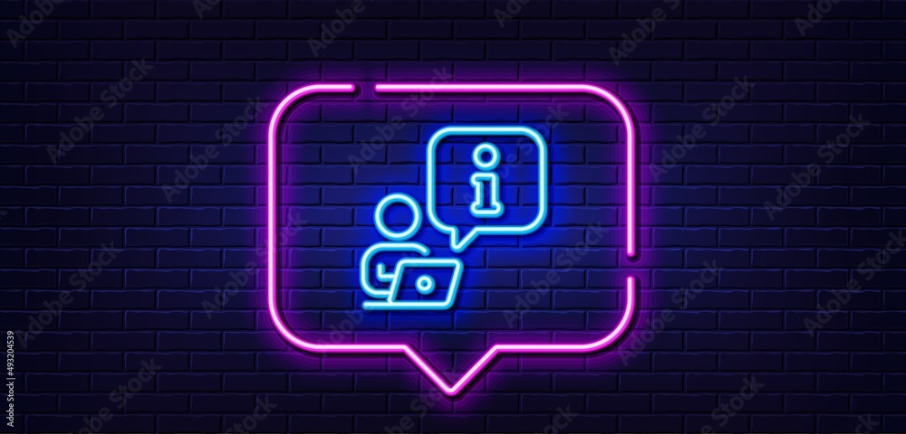Neon light speech bubble. Interview line icon. Job information sign. Online business meeting symbol. Neon light background. Interview glow line. Brick wall banner. Vector Neon light speech bubble. Interview line icon. Job information sign. Online business meeting symbol. Neon light background. Interview glow line. Brick wall banner. Vector