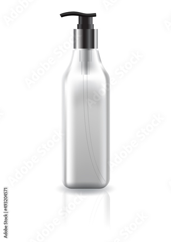 Blank clear square cosmetic bottle with black-silver pump head for beauty product mockup template.