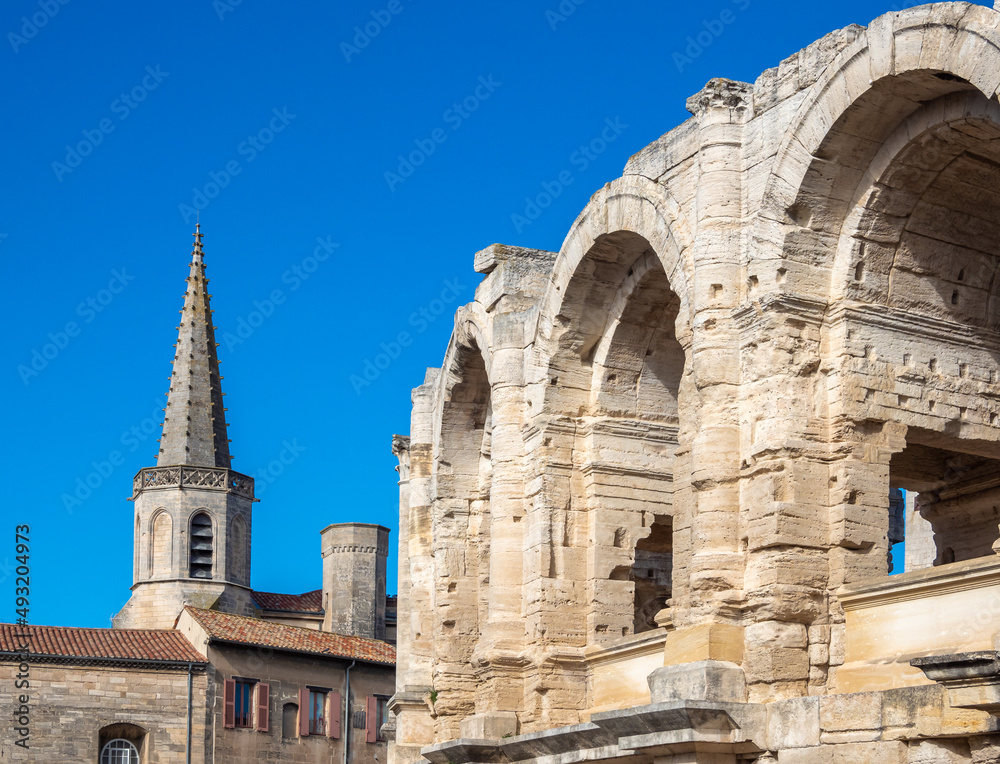 The Roman Amphitheatre of (Arènes d'Arles), Arles, Bouches-du-Rhône,  Provence, France. Roman and Romanesque Monuments of Arles are UNESCO World Heritage