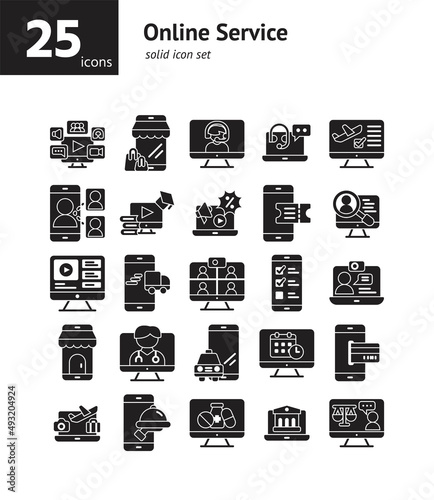 Online Service solid icon set. Vector and Illustration.