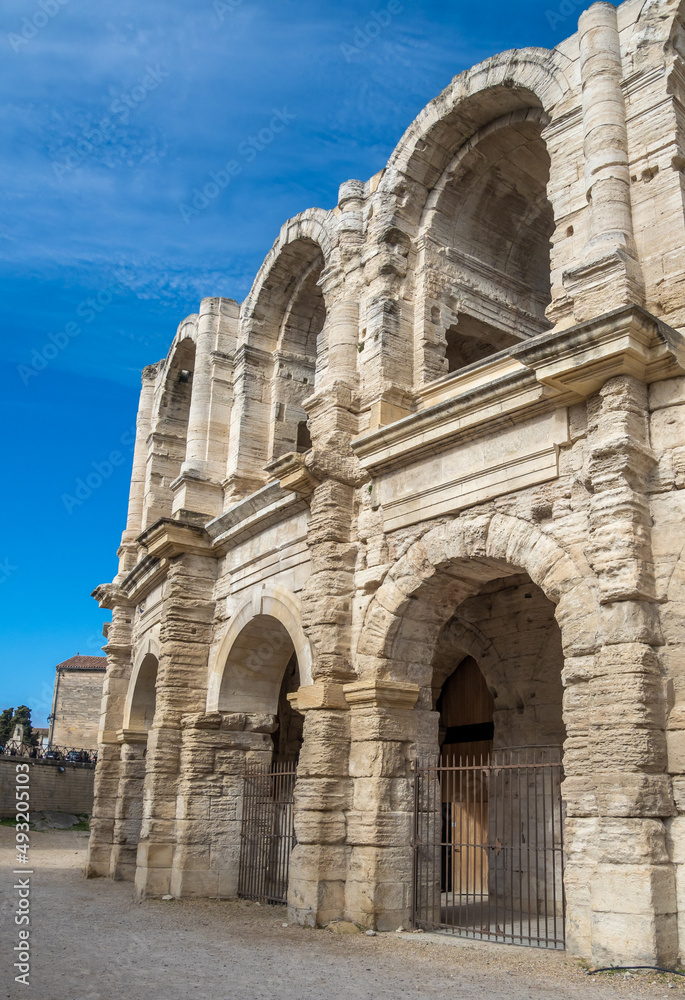 The Roman Amphitheatre of (Arènes d'Arles), Arles, Bouches-du-Rhône,  Provence, France. Roman and Romanesque Monuments of Arles are UNESCO World Heritage