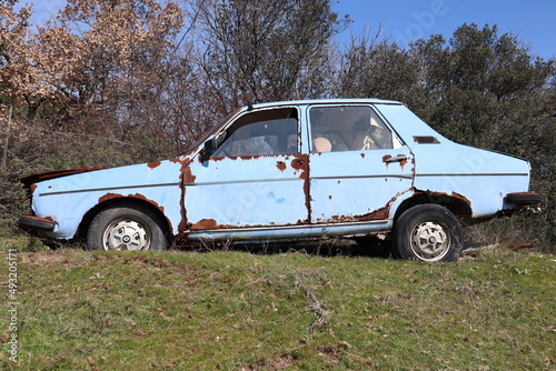 1974 Renault 12 TS is in a forest in Canakkale, Turkey. The Renault 12 is a large family car introduced by French Renault in October 1969 and produced till 1980.