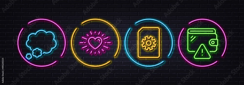 File management, Heart and Talk bubble minimal line icons. Neon laser 3d lights. Wallet icons. For web, application, printing. Doc with cogwheel, Love, Chat message. Money budget. Vector