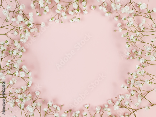 Floral frame, gypsophila flowers on pink background, flower wreath. The place for your cosmetic product is here. Top view, copy space.