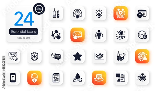 Set of Science flat icons. Integrity, Medical vaccination and 5g internet elements for web application. Report document, Employee hand, Star icons. Swipe up, Investment. Vector