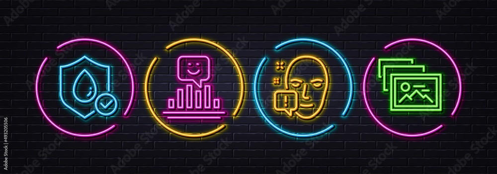 Face attention, Waterproof and Smile minimal line icons. Neon laser 3d lights. Photo album icons. For web, application, printing. Exclamation mark, Water resistant, Positive feedback. Vector