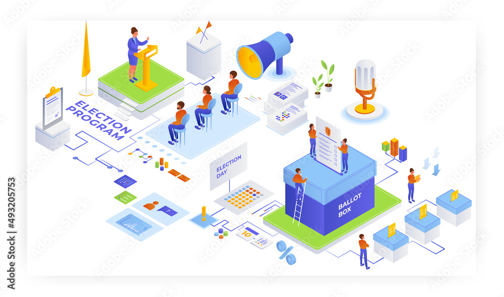 Naklejka premium Election campaign, voting, vector isometric illustration. Election program. Meeting with voters. Ballot box. Polling day