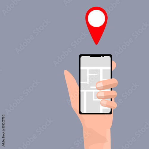 Flat vector desing Hand holding phone with map .gps navigation and tracking concept.cartoon illustration. Location track app on touch screen smartphone