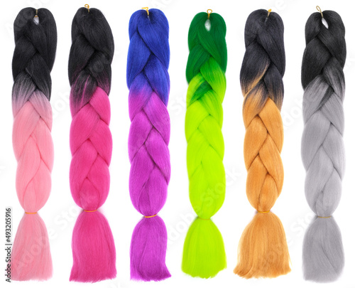 Kanekalon Braiding Hair Extensions Synthetic Braids Hair Two Tone Colors. Multicolor false strands for hair extension isolated on white background
