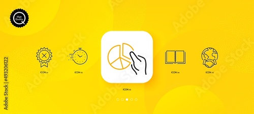 Pie chart, Timer and Reject medal minimal line icons. Yellow abstract background. Book, Global business icons. For web, application, printing. Vector