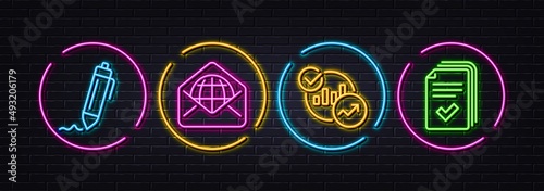 Statistics, Signature and Web mail minimal line icons. Neon laser 3d lights. Handout icons. For web, application, printing. Report charts, Written pen, World communication. Documents example. Vector