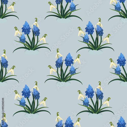 Vector seamless pattern with spring flower the muscari, the snowdrop. Gardening and spring illustration for background, textile, poster, scrapbooking, set of stickers, greeting cards.