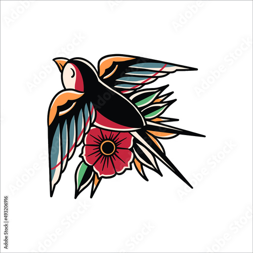 bird with flower tattoo vector design