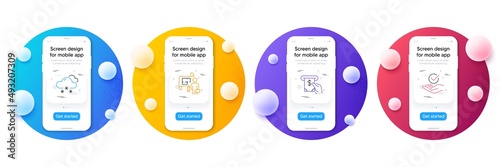 Minimal set of Snow weather, Plan and Atm service line icons for web development. Phone ui interface mockup with balls. Approved icons. Snowflake, Architect plan, Cash investment. Vector