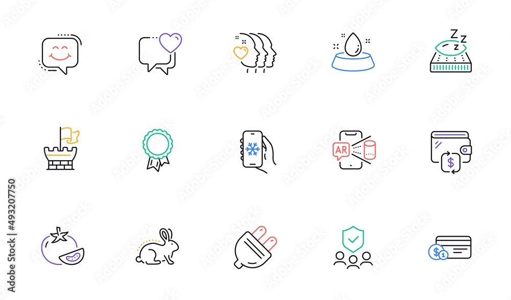 Heart, Mattress and Payment method line icons for website, printing. Collection of Success, Water bowl, Tomato icons. Smile chat, Wallet, Animal tested web elements. Air conditioning. Vector