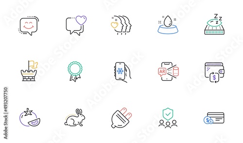 Heart, Mattress and Payment method line icons for website, printing. Collection of Success, Water bowl, Tomato icons. Smile chat, Wallet, Animal tested web elements. Air conditioning. Vector