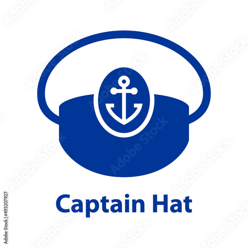 Logotipo con texto Captain Hat con silueta de sombrero de capitán de barco en color azul