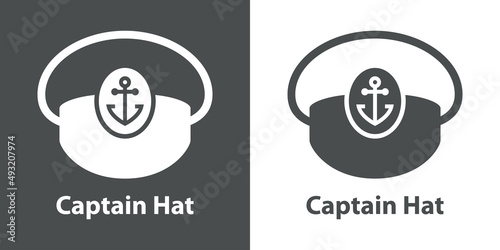 Logotipo con texto Captain Hat con silueta de sombrero de capitán de barco en fondo gris y fondo blanco