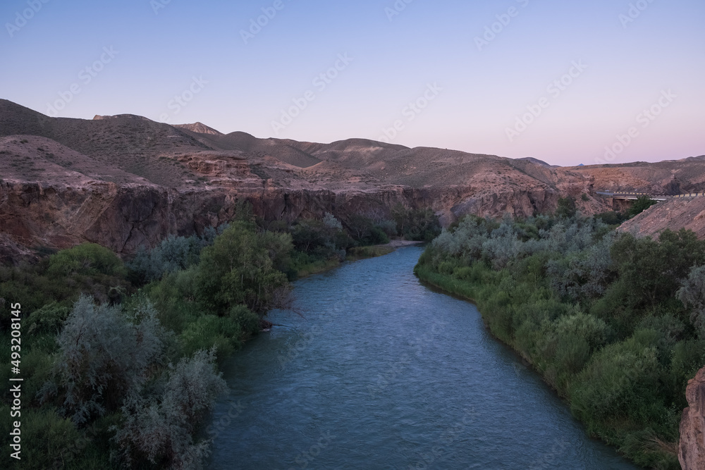 Beautiful Charyn river canyon in mornin time. Black canyon viewpoint on Sharyn river.