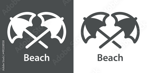 Beach holidays. Destino de vacaciones. Banner con texto beach con silueta de 2 parasoles en forma de aspa en fondo gris y fondo blanco