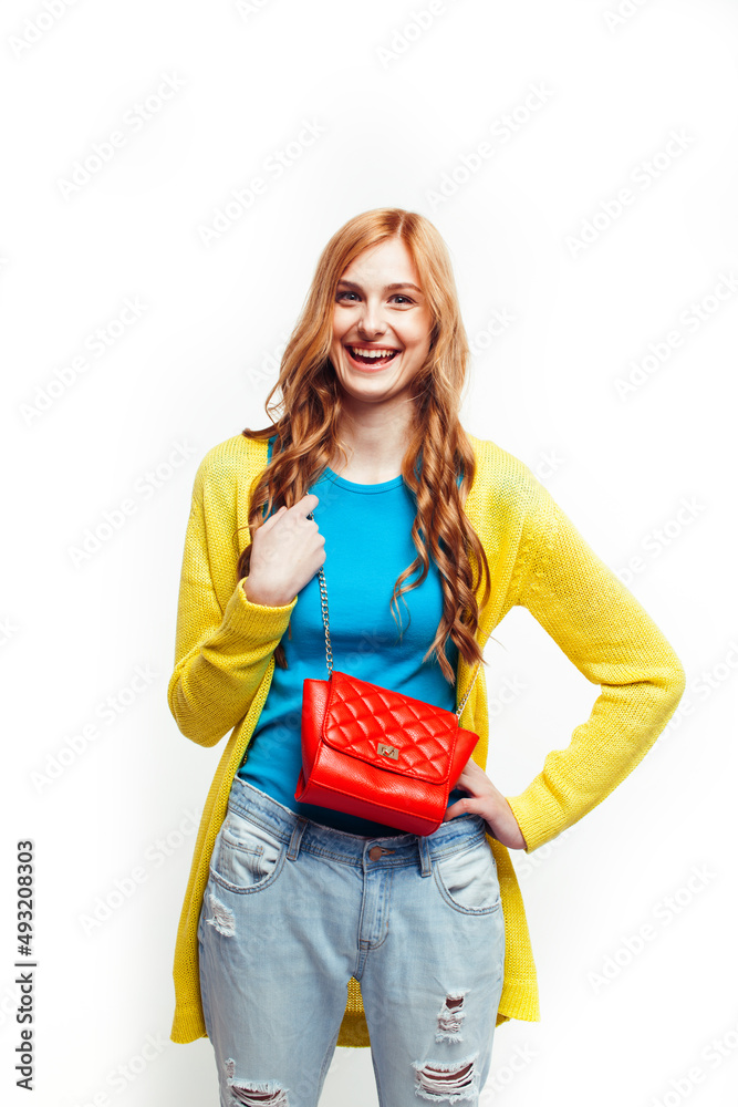 young pretty red hair woman happy smiling isolated on white background, lifestyle people concept young pretty red hair woman happy smiling isolated on white background, lifestyle people concept