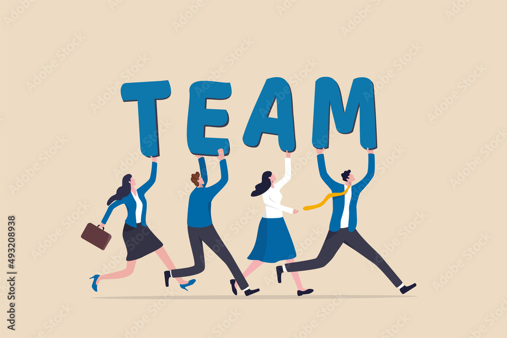 Team working together to win business success, teamwork, cooperation or collaboration, coworker partnership or office colleagues concept, business team people walking together holding the word TEAM. - obrazy, fototapety, plakaty 