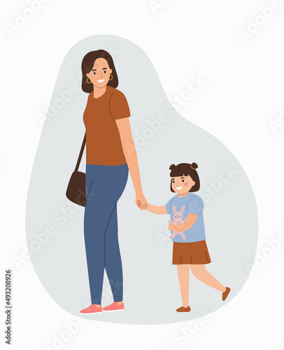 Mother holds her daughter hand. Isolated vector cartoon flat style illustration