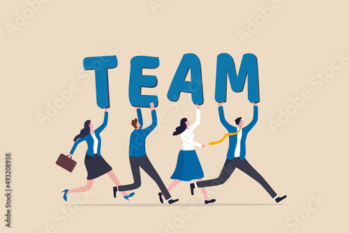 Team working together to win business success, teamwork, cooperation or collaboration, coworker partnership or office colleagues concept, business team people walking together holding the word TEAM.